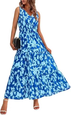 Womens Maxi Dresses Summer Smocked Dresses Sleeveless Sun Dress Bohemian Floral Dress V Neck Dresses for Wedding Guest