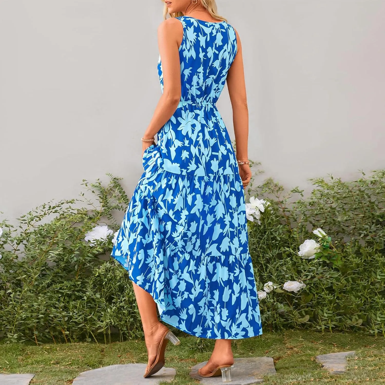 Womens Maxi Dresses Summer Smocked Dresses Sleeveless Sun Dress Bohemian Floral Dress V Neck Dresses for Wedding Guest