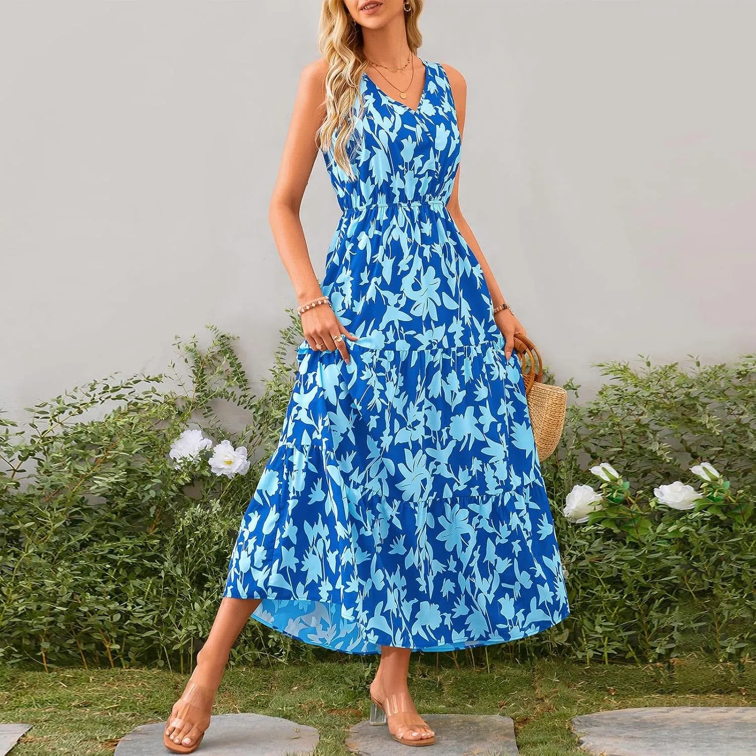 Womens Maxi Dresses Summer Smocked Dresses Sleeveless Sun Dress Bohemian Floral Dress V Neck Dresses for Wedding Guest