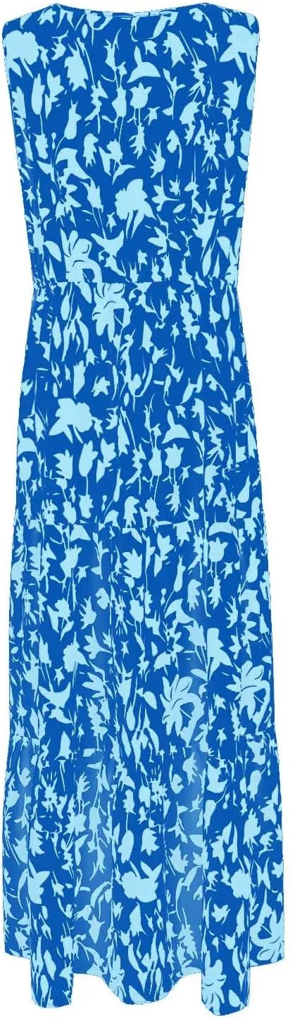 Womens Maxi Dresses Summer Smocked Dresses Sleeveless Sun Dress Bohemian Floral Dress V Neck Dresses for Wedding Guest