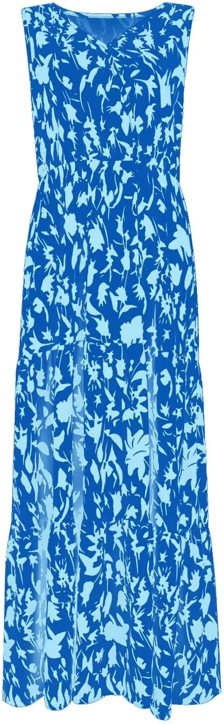 Womens Maxi Dresses Summer Smocked Dresses Sleeveless Sun Dress Bohemian Floral Dress V Neck Dresses for Wedding Guest