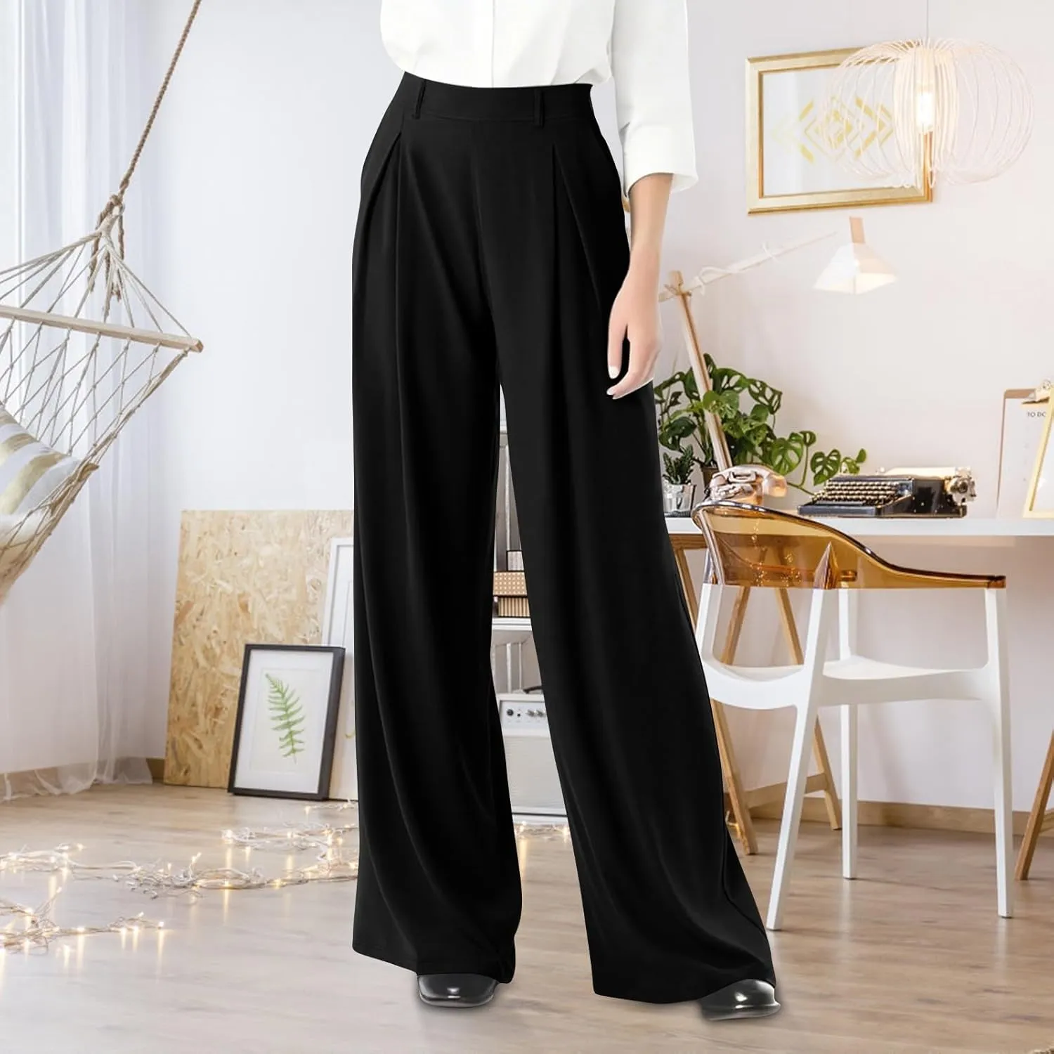 Women's Office Work Pants Drape High Waisted Business Casual Loose Straight Wide Leg Long Dress Trousers with Pocket