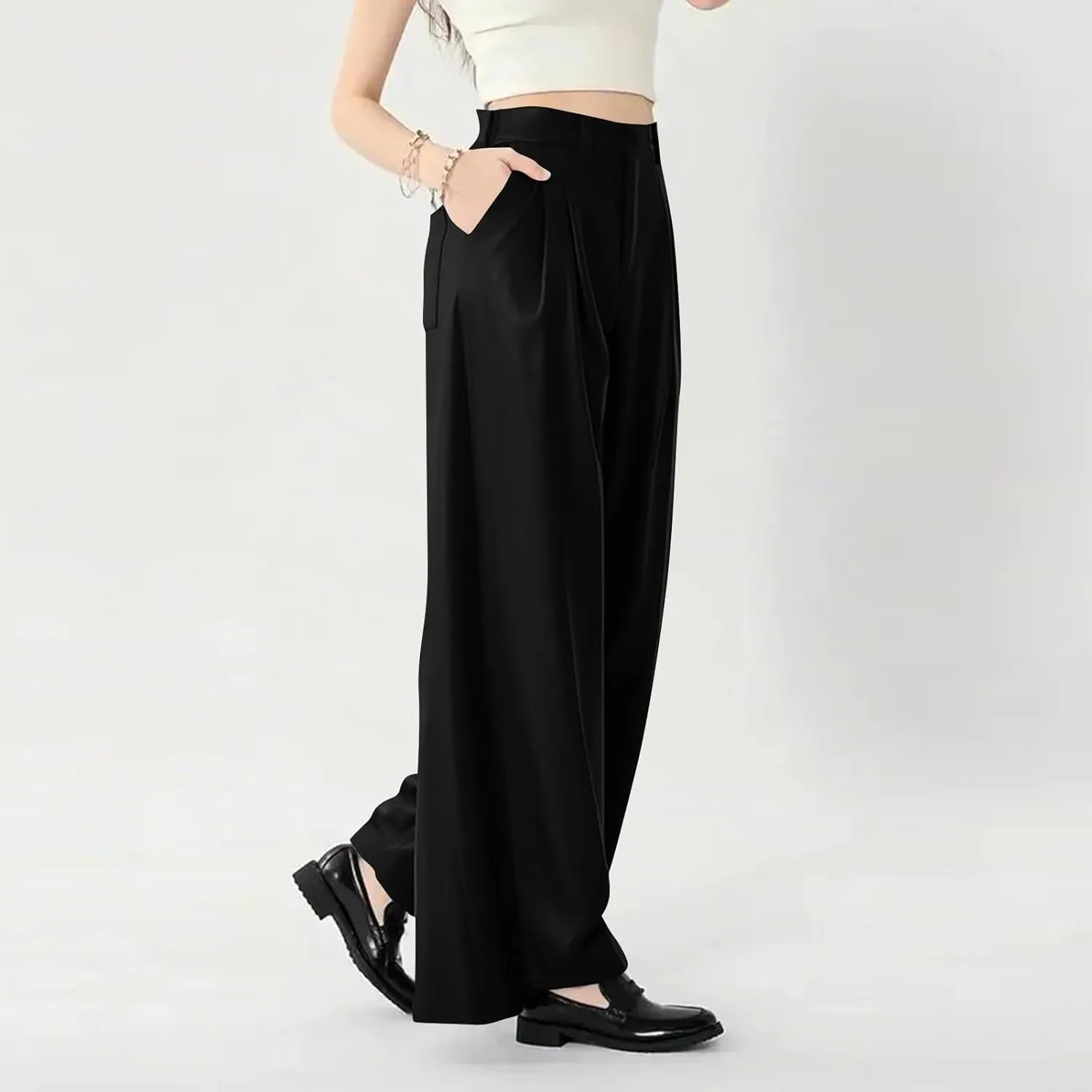 Women's Office Work Pants Drape High Waisted Business Casual Loose Straight Wide Leg Long Dress Trousers with Pocket