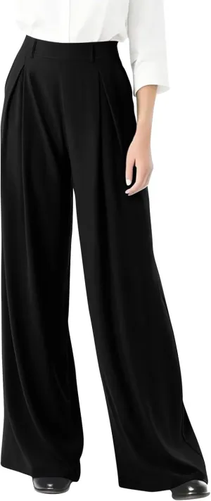 Women's Office Work Pants Drape High Waisted Business Casual Loose Straight Wide Leg Long Dress Trousers with Pocket