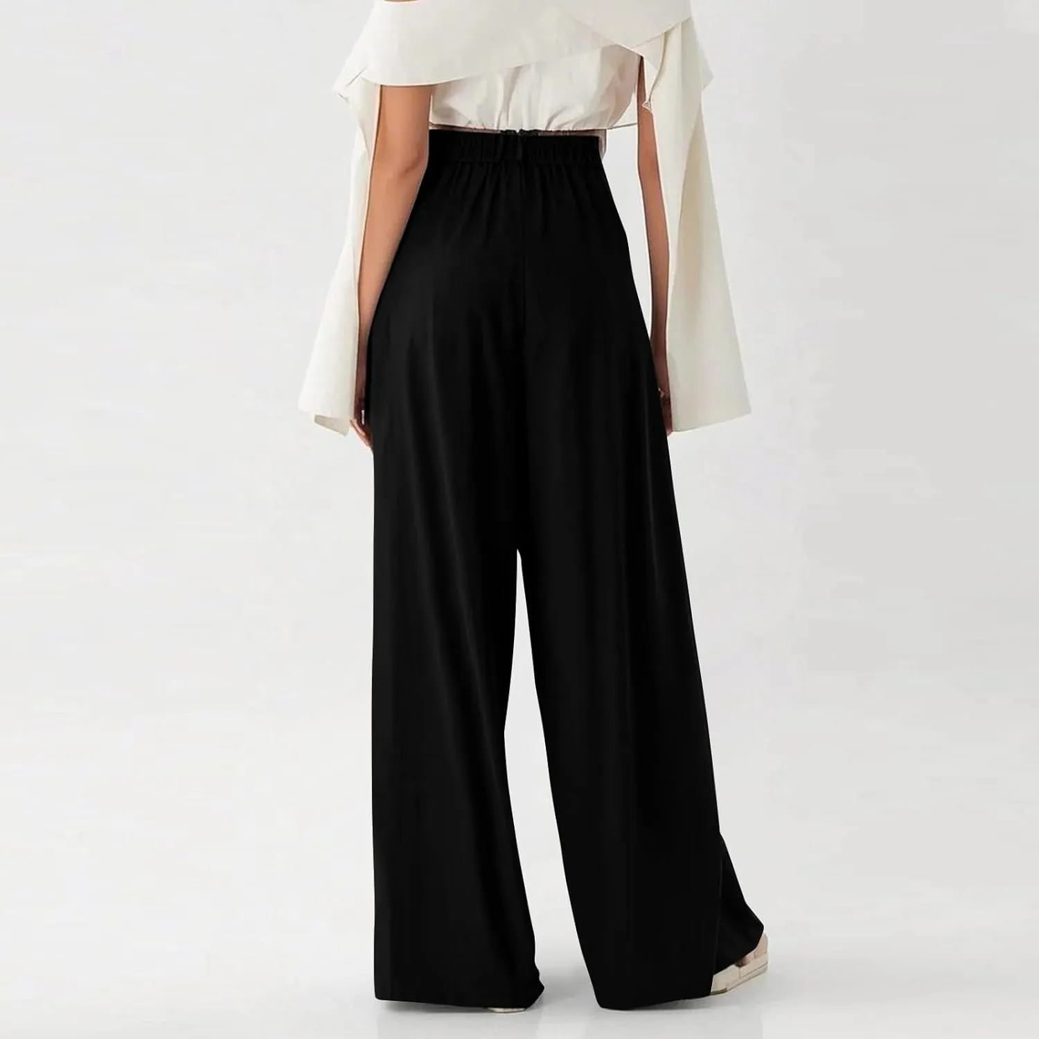 Women's Office Work Pants Drape High Waisted Business Casual Loose Straight Wide Leg Long Dress Trousers with Pocket