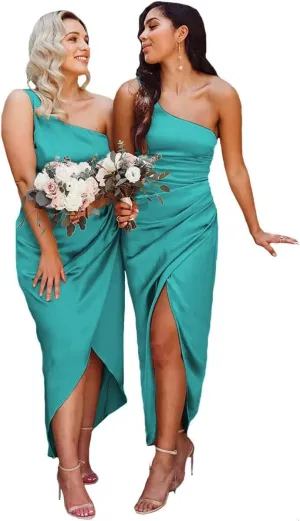Women's One Shoulder Bridesmaid Dresses for Wedding Satin Wrap Dress Formal Evening Party Gown ZN016