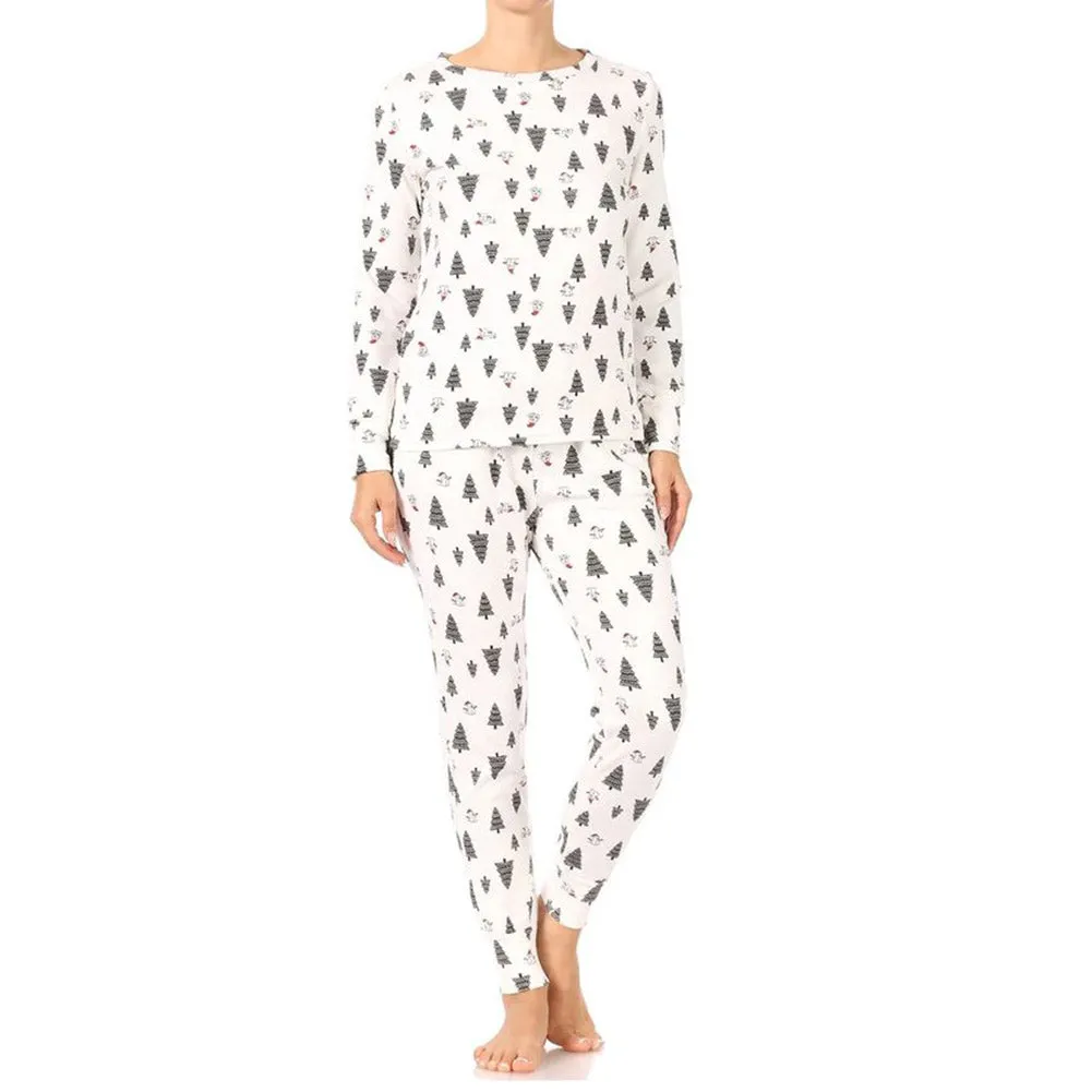Womens Pajama Holiday 2 Piece Set Fleece Lined Christmas Top and Bottom Set