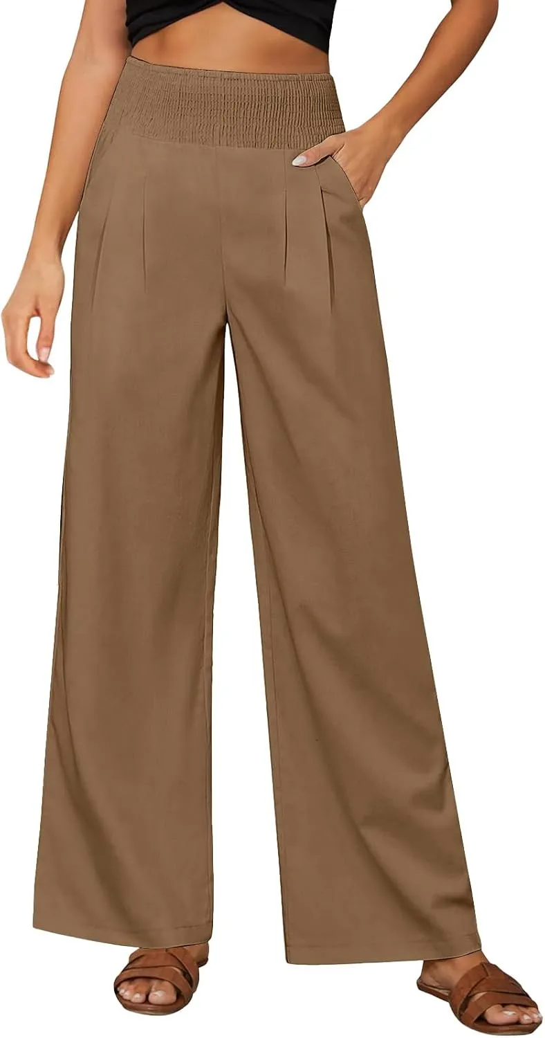 Womens Pants Dressy Casual Wide Leg Trousers High Waist Baggy Straight Leg Bottoms Beach Comfy Solid Pant with Pockets