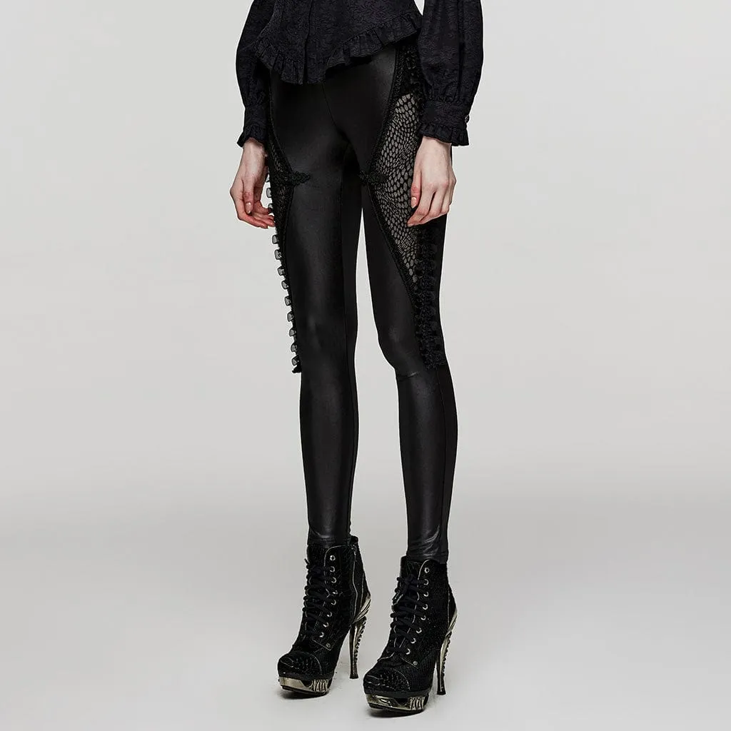 Women's Punk Ruffled Lace Splice Mesh Leggings