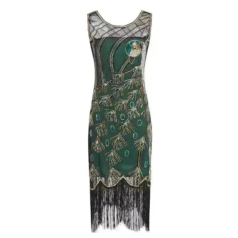 Women's Sequined Mesh Sleeveless Peacock Dress