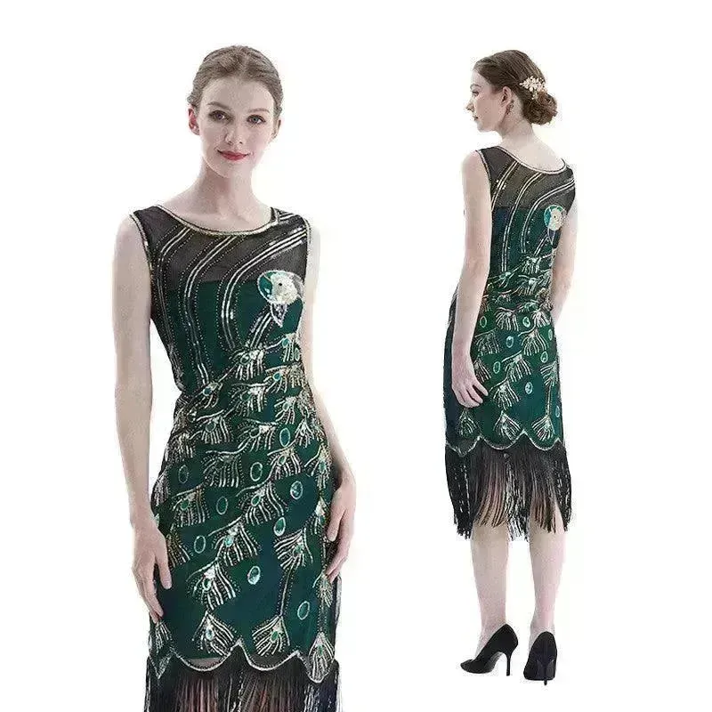 Women's Sequined Mesh Sleeveless Peacock Dress