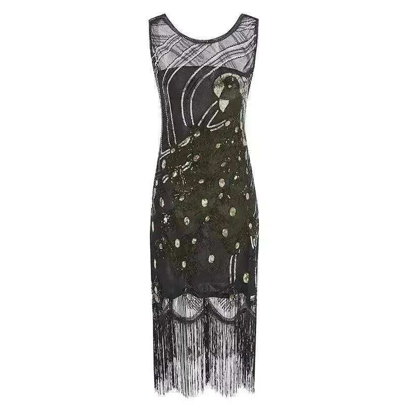 Women's Sequined Mesh Sleeveless Peacock Dress