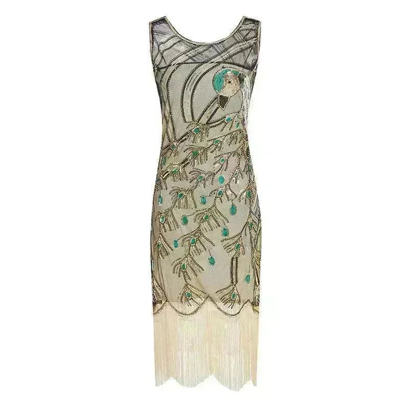 Women's Sequined Mesh Sleeveless Peacock Dress