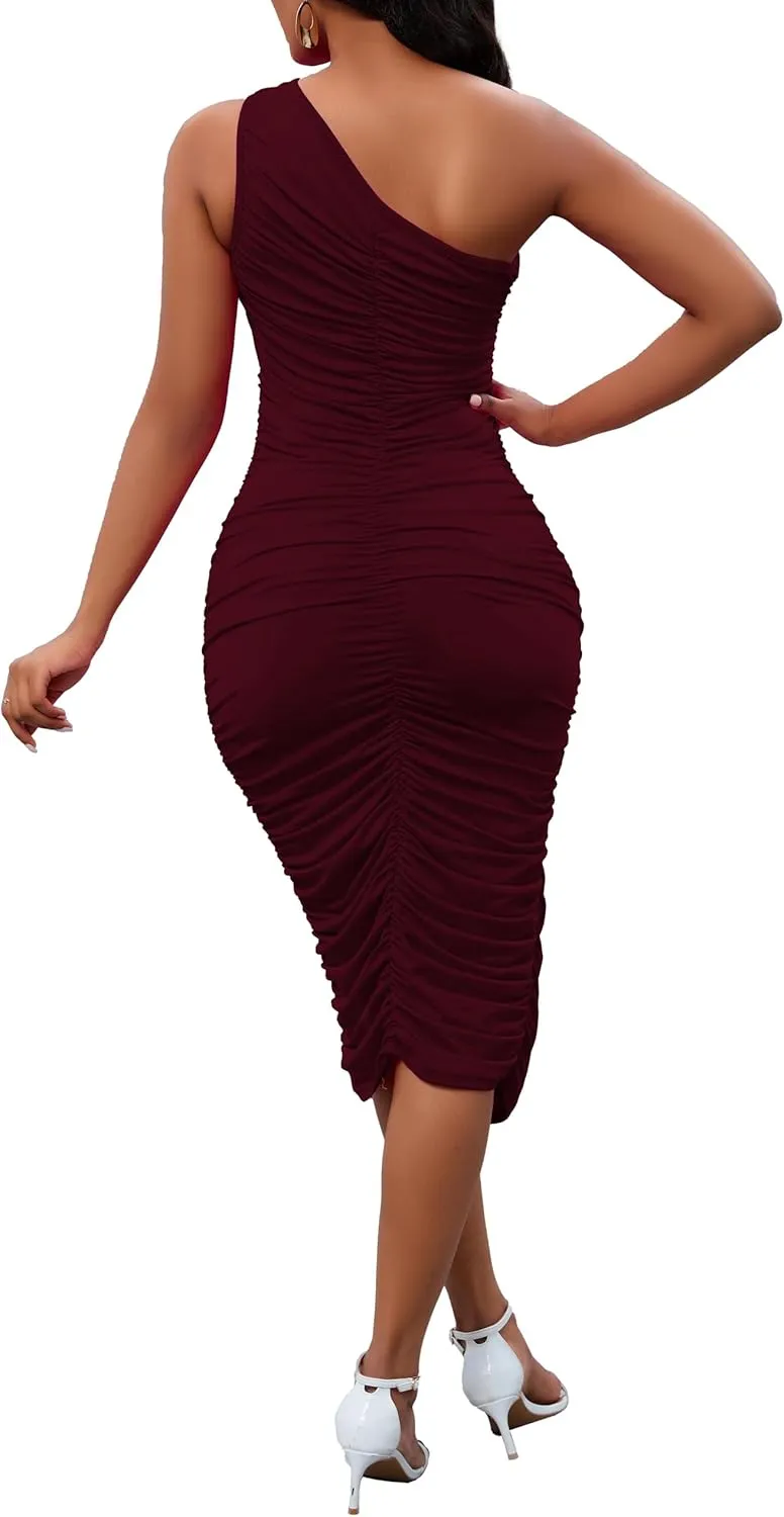 Women's Sexy One Shoulder Dresses Sleeveless Party Club Ruched Cocktail Wedding Guest Bodycon Midi Dress