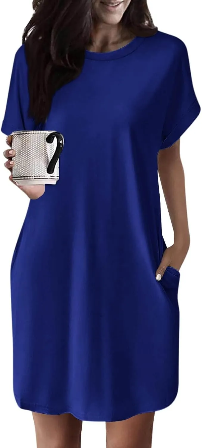 Womens Shirt Dress Summer Short Sleeve Tshirt Dress Beach Mini Sundress Crew Neck Loose Solid Color Nightgown