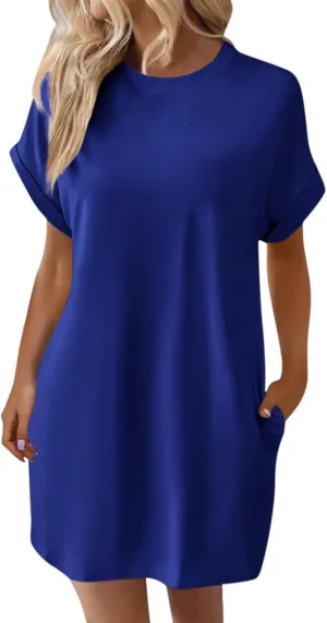 Womens Shirt Dress Summer Short Sleeve Tshirt Dress Beach Mini Sundress Crew Neck Loose Solid Color Nightgown