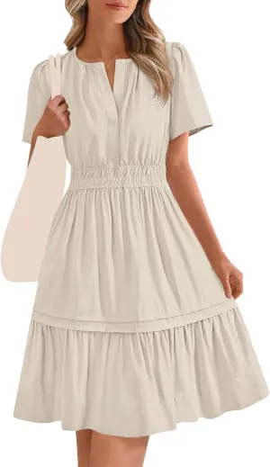 Womens Short Sleeve Dresses Summer Flowy V Neck Midi Dress Casual High Waist Tunic Pleated Ruffle Hem Beach Sundress