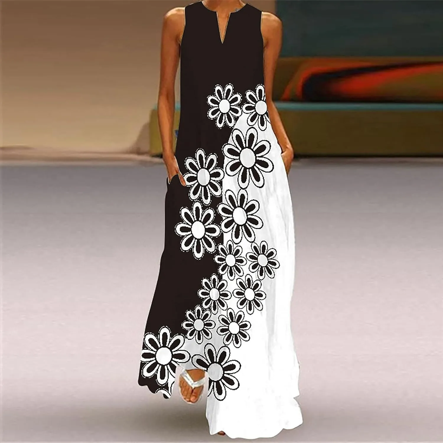 Womens Sleeveless Dresses Floral Dresses for Women V Neck Beach Hawaiian Maxi Long Summer Fall Dresses 2024