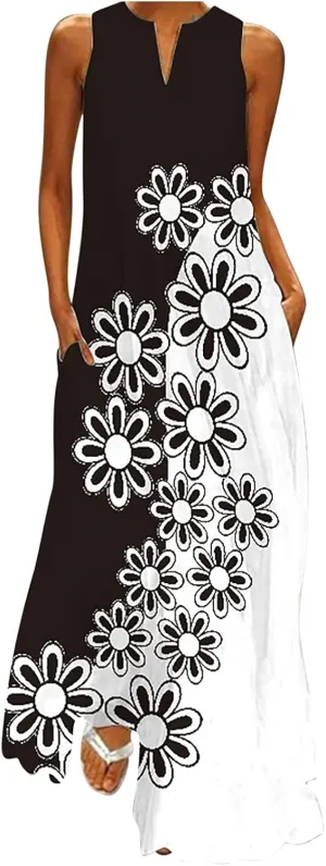 Womens Sleeveless Dresses Floral Dresses for Women V Neck Beach Hawaiian Maxi Long Summer Fall Dresses 2024