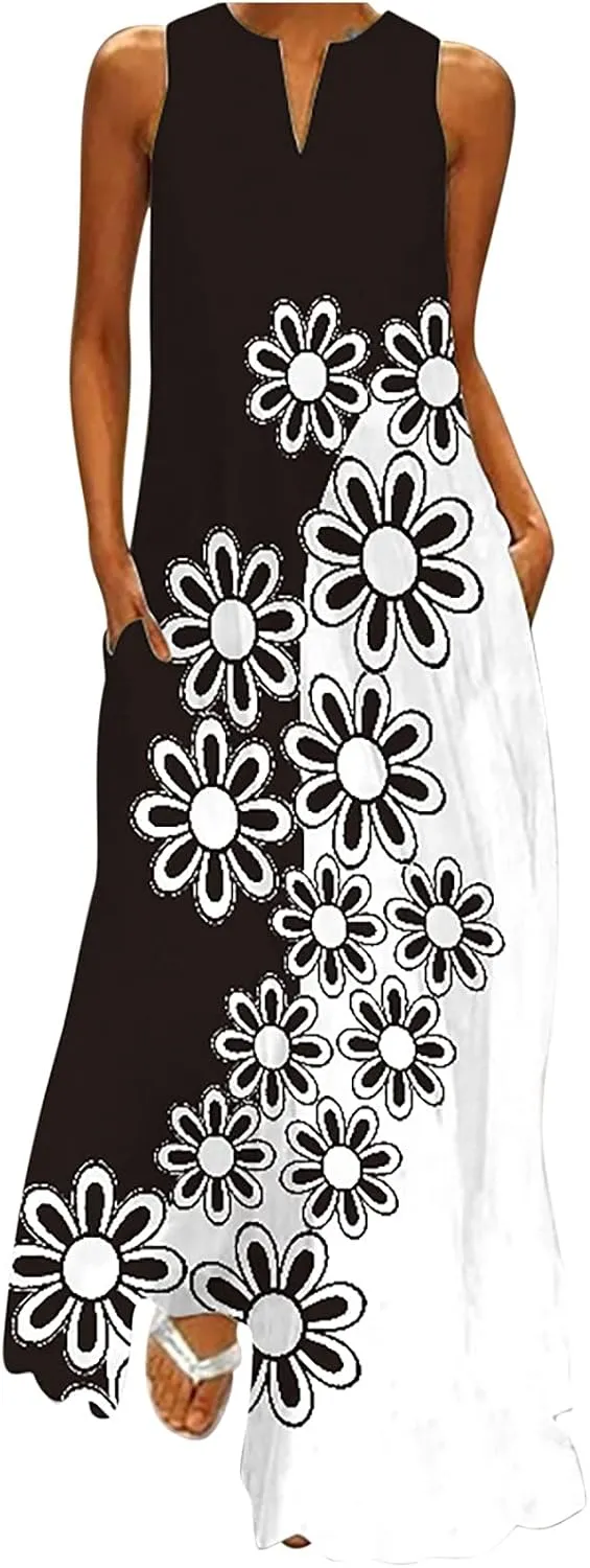 Womens Sleeveless Dresses Floral Dresses for Women V Neck Beach Hawaiian Maxi Long Summer Fall Dresses 2024