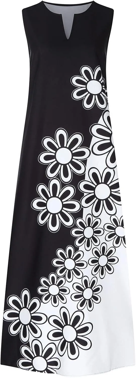 Womens Sleeveless Dresses Floral Dresses for Women V Neck Beach Hawaiian Maxi Long Summer Fall Dresses 2024