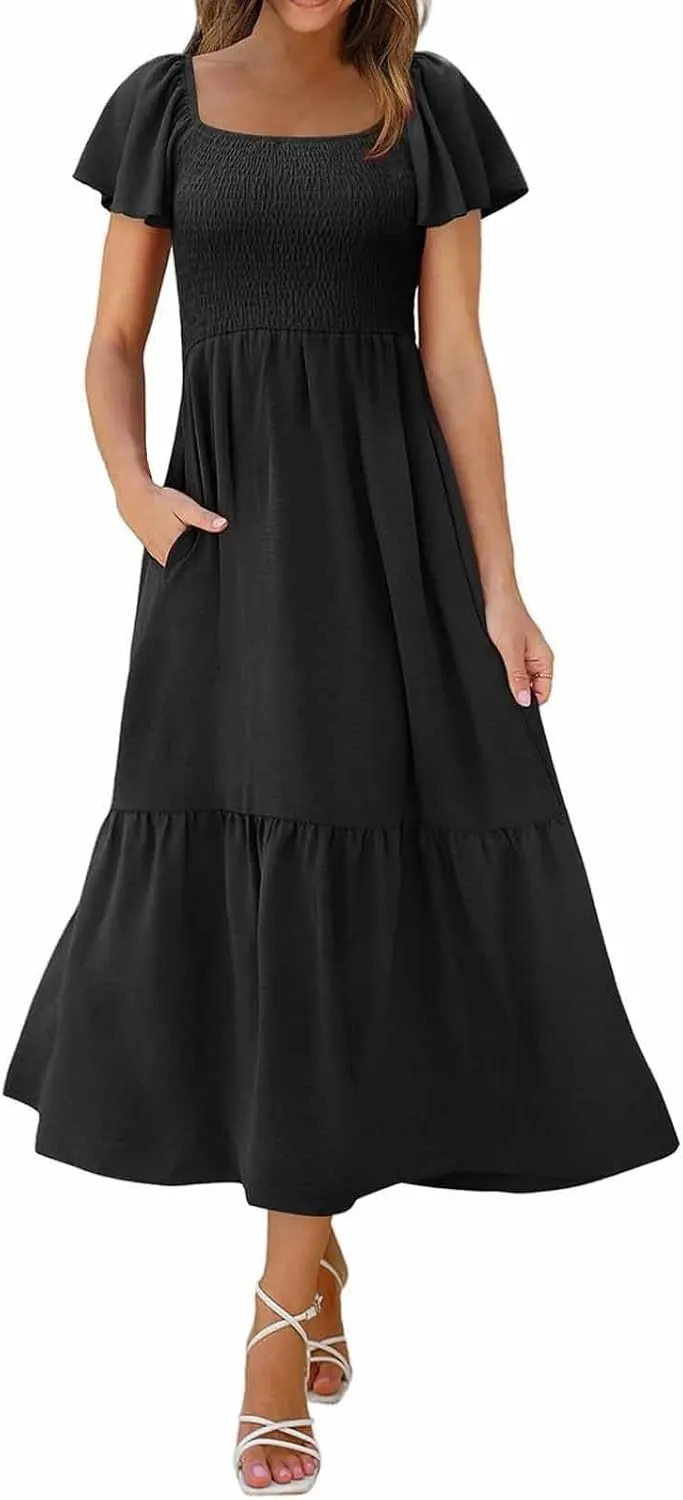 Women's Smocked Midi Dress Short Puff Sleeve Square Neck Tiered Beach Flowy Maxi Dress for Wedding Guest with Pockets