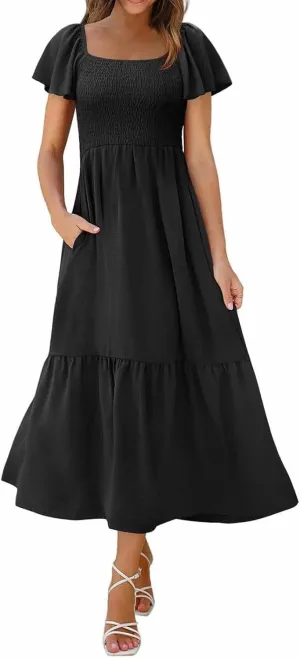 Women's Smocked Midi Dress Short Puff Sleeve Square Neck Tiered Beach Flowy Maxi Dress for Wedding Guest with Pockets