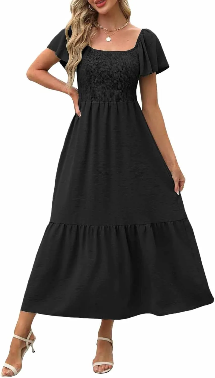 Women's Smocked Midi Dress Short Puff Sleeve Square Neck Tiered Beach Flowy Maxi Dress for Wedding Guest with Pockets