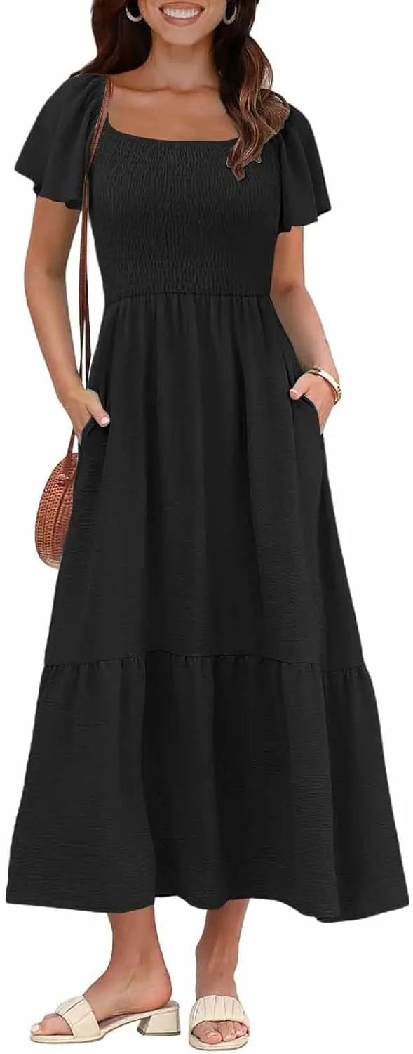 Women's Smocked Midi Dress Short Puff Sleeve Square Neck Tiered Beach Flowy Maxi Dress for Wedding Guest with Pockets