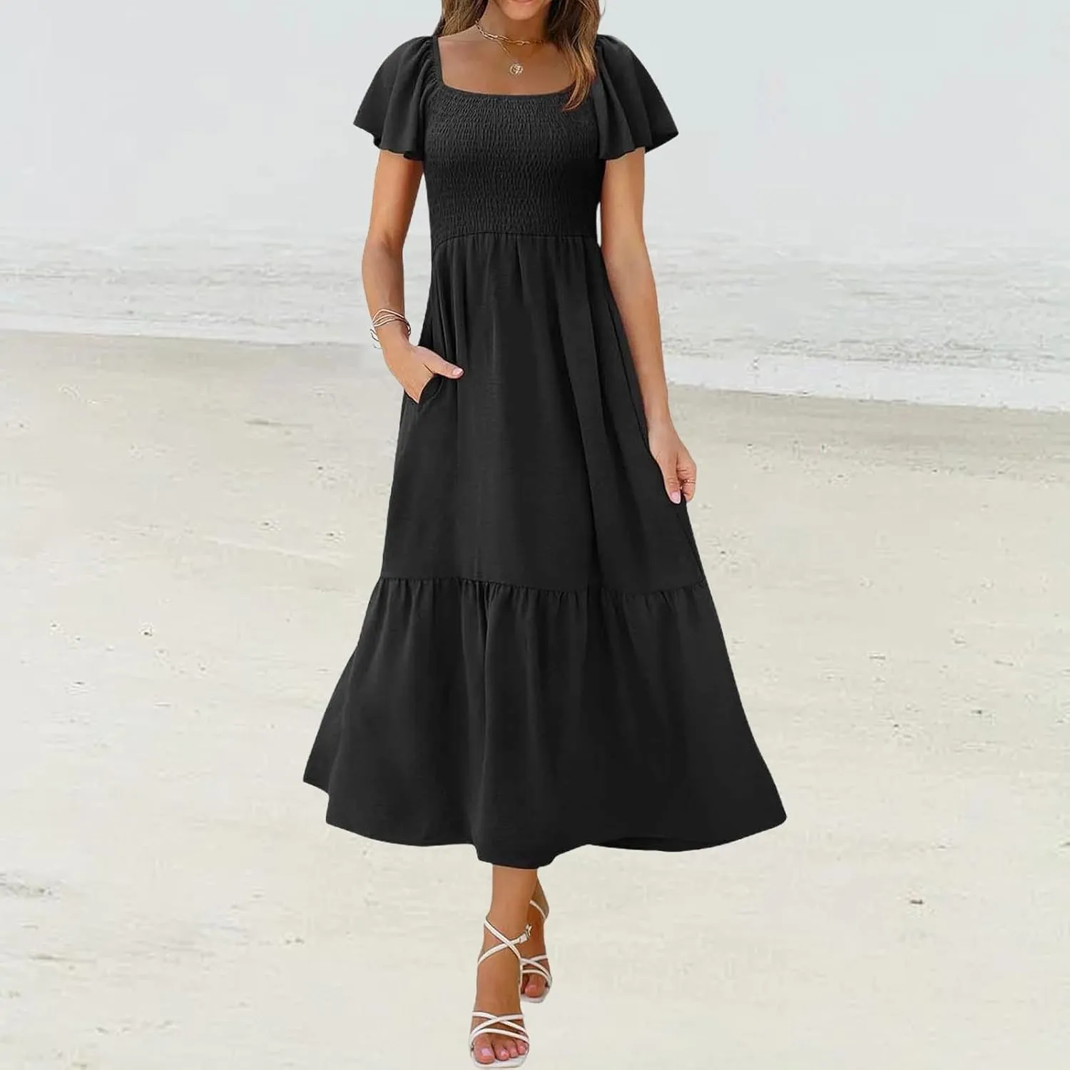 Women's Smocked Midi Dress Short Puff Sleeve Square Neck Tiered Beach Flowy Maxi Dress for Wedding Guest with Pockets