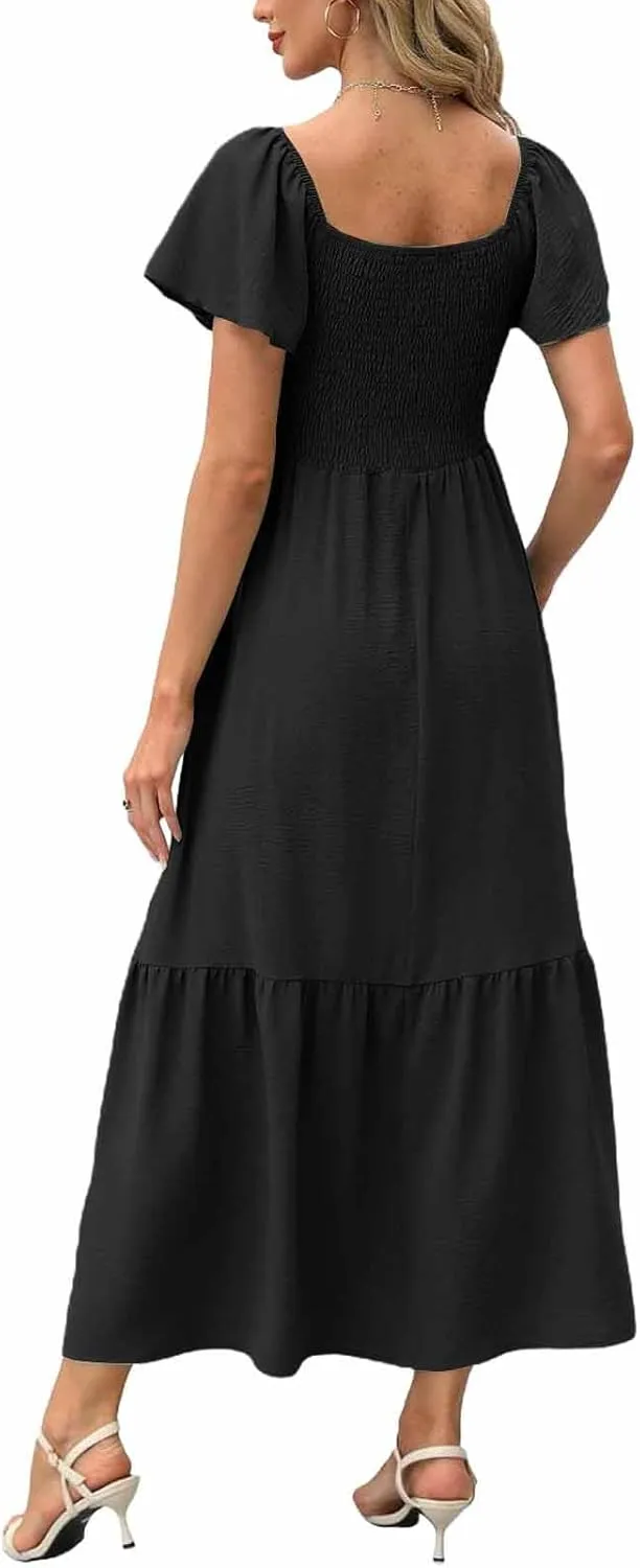Women's Smocked Midi Dress Short Puff Sleeve Square Neck Tiered Beach Flowy Maxi Dress for Wedding Guest with Pockets