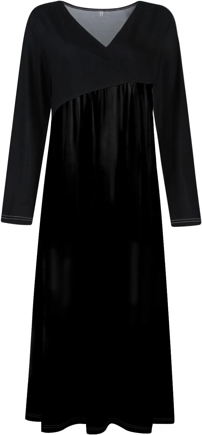 Womens Spring Dresses 2025 V Neck Long Sleeve Midi Vacation Cute Modest Ladies Cruise Holiday Dress