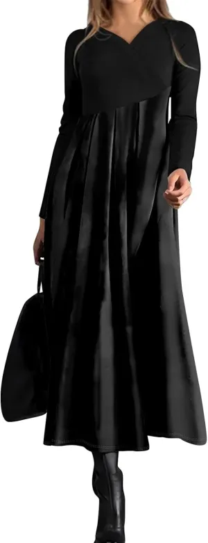 Womens Spring Dresses 2025 V Neck Long Sleeve Midi Vacation Cute Modest Ladies Cruise Holiday Dress