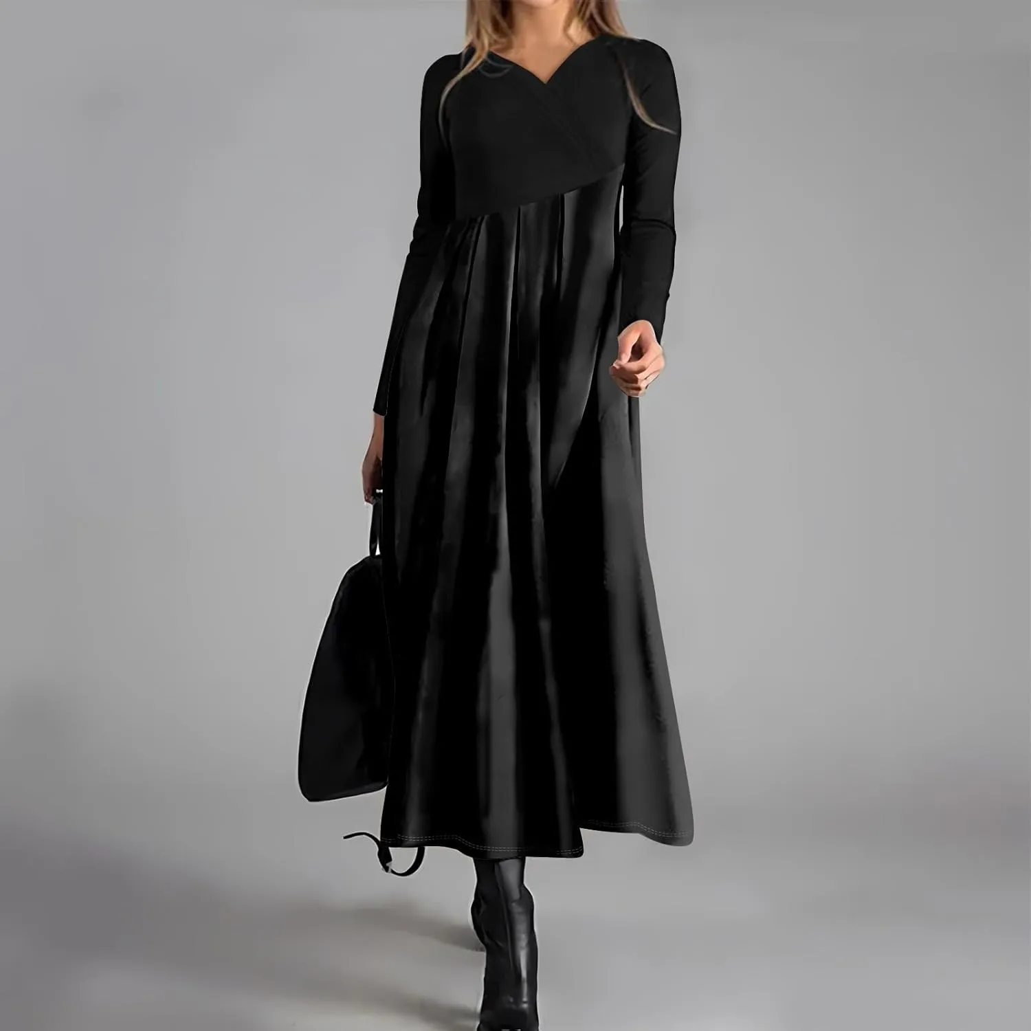 Womens Spring Dresses 2025 V Neck Long Sleeve Midi Vacation Cute Modest Ladies Cruise Holiday Dress
