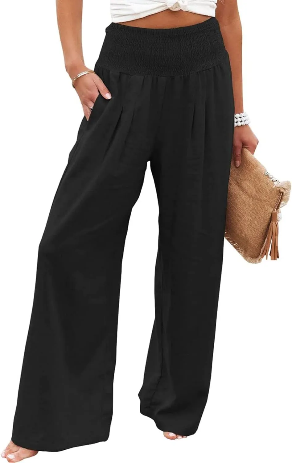 Women's Spring Summer Linen Pants Cool Wide Leg Pants Casual High Waisted Palazzo Pants Lounge Trousers with Pockets