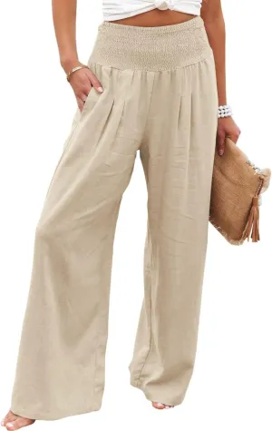 Women's Spring Summer Linen Pants Cool Wide Leg Pants Casual High Waisted Palazzo Pants Lounge Trousers with Pockets