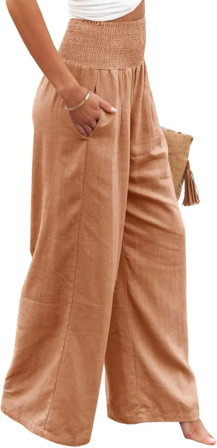 Women's Spring Summer Linen Pants Cool Wide Leg Pants Casual High Waisted Palazzo Pants Lounge Trousers with Pockets
