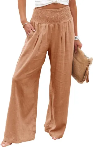 Women's Spring Summer Linen Pants Cool Wide Leg Pants Casual High Waisted Palazzo Pants Lounge Trousers with Pockets