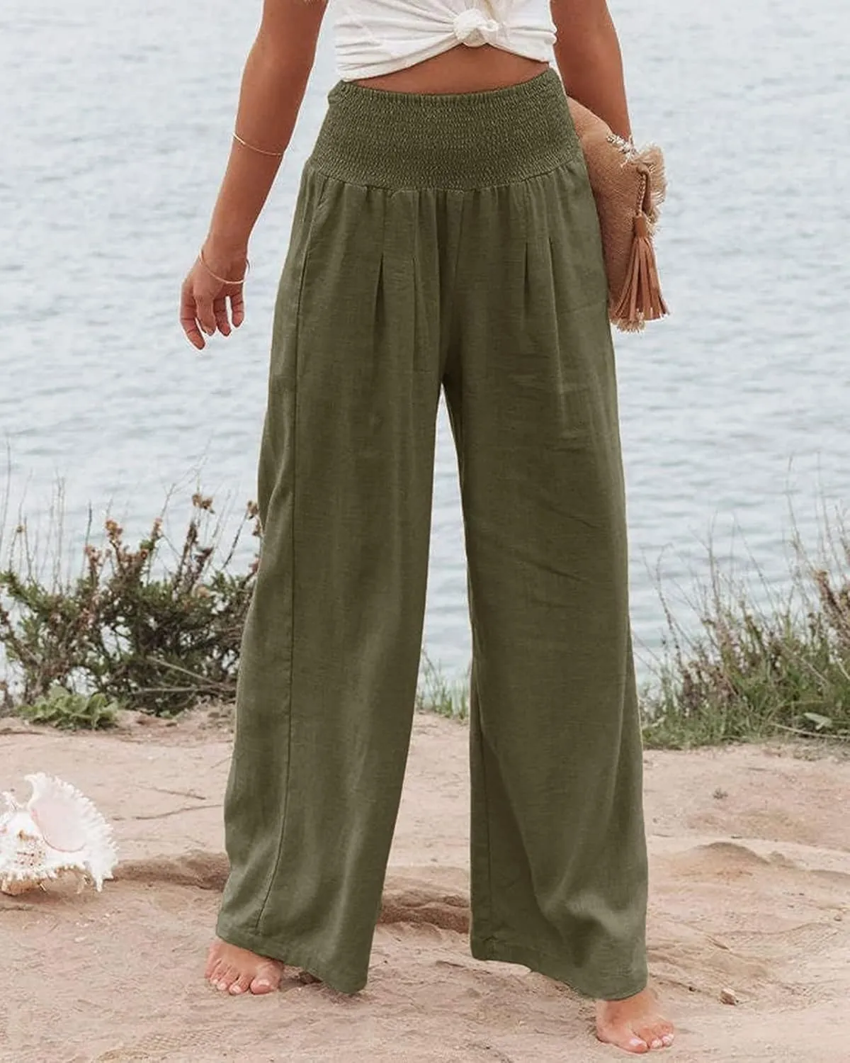 Women's Spring Summer Linen Pants Cool Wide Leg Pants Casual High Waisted Palazzo Pants Lounge Trousers with Pockets