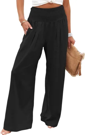 Women's Spring Summer Linen Pants Cool Wide Leg Pants Casual High Waisted Palazzo Pants Lounge Trousers with Pockets