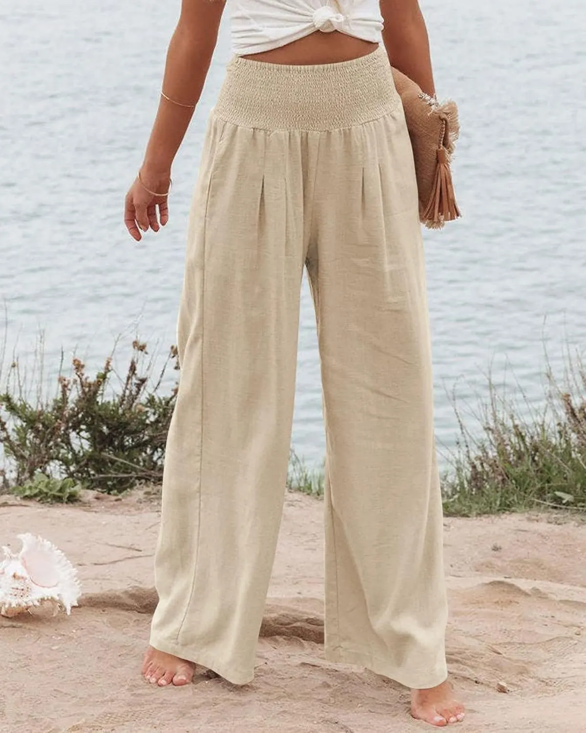 Women's Spring Summer Linen Pants Cool Wide Leg Pants Casual High Waisted Palazzo Pants Lounge Trousers with Pockets