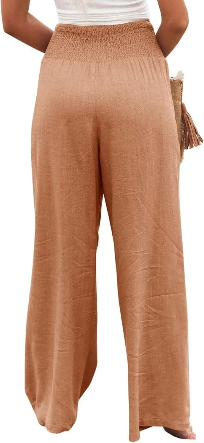Women's Spring Summer Linen Pants Cool Wide Leg Pants Casual High Waisted Palazzo Pants Lounge Trousers with Pockets