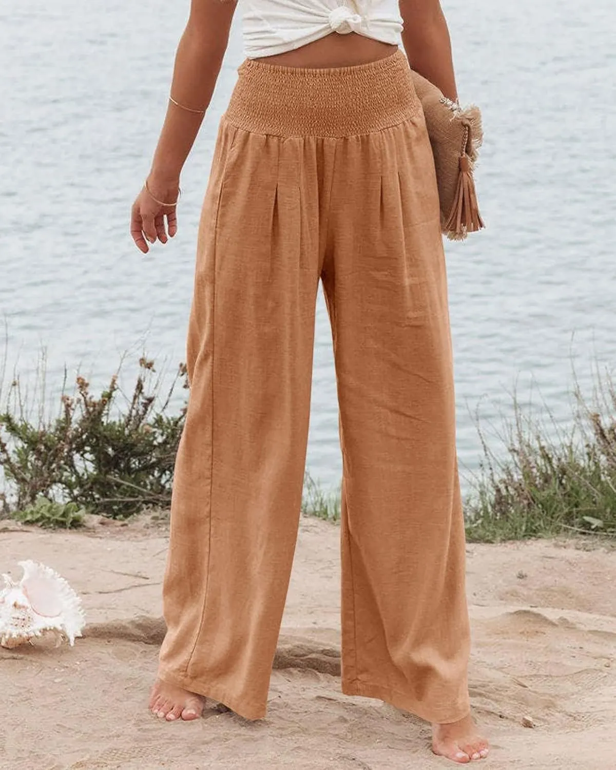 Women's Spring Summer Linen Pants Cool Wide Leg Pants Casual High Waisted Palazzo Pants Lounge Trousers with Pockets
