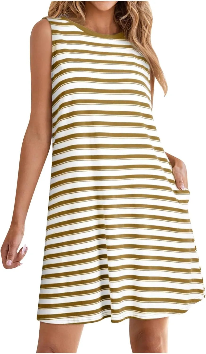 Women's Striped Casual Summer Dresses Crewneck Cap Sleeve Color Block Shift Tshirt Short Dress Tunic Sundress Pockets