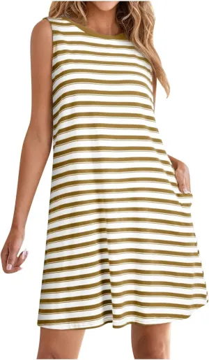 Women's Striped Casual Summer Dresses Crewneck Cap Sleeve Color Block Shift Tshirt Short Dress Tunic Sundress Pockets