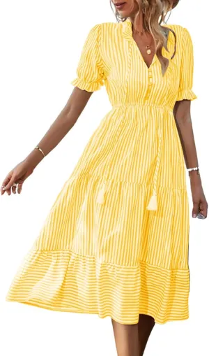 Womens Striped Dress Casual V Neck Button Down Short Sleeve Midi Dress Summer Comfy Tunic Tiered Ruffle Hem Sundress