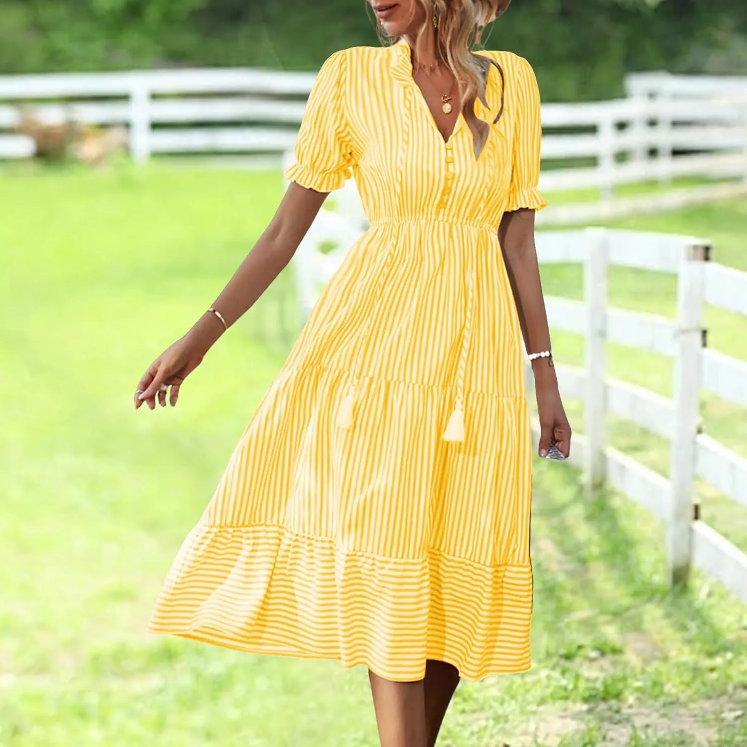 Womens Striped Dress Casual V Neck Button Down Short Sleeve Midi Dress Summer Comfy Tunic Tiered Ruffle Hem Sundress