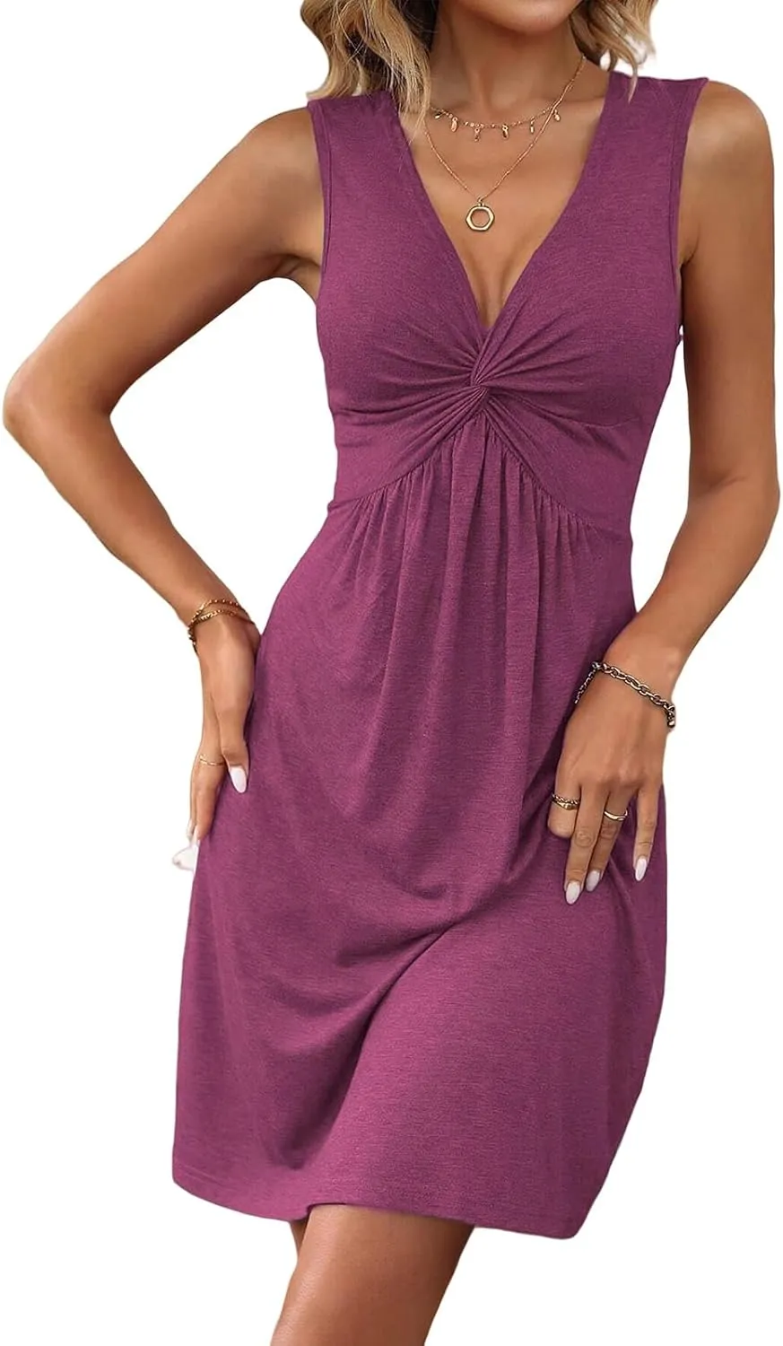 Womens Summer Casual Dress V Neck Front Knotted Tank Dresses Solid A Line Midi Dress 2025 Sexy Beach Sundress