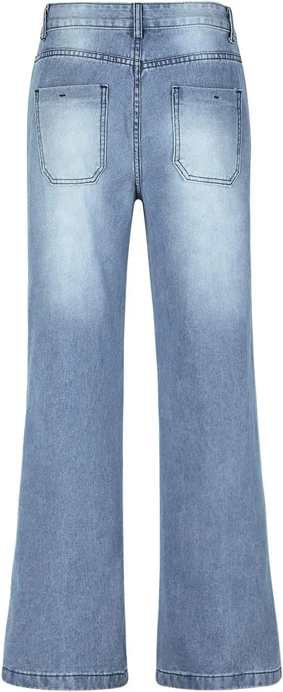 Womens Summer Casual High Waisted Denim Baggy Jeans Loose Vintage Wide Leg Straight Trousers Long Distressed Pants