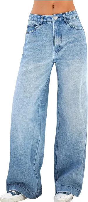 Womens Summer Casual High Waisted Denim Baggy Jeans Loose Vintage Wide Leg Straight Trousers Long Distressed Pants